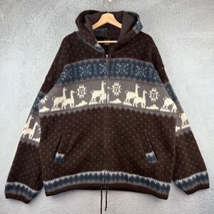 Inka Traditions Men's Alpaca Wool Blend Zip Up Hoodie Llama Print Brown 2XL